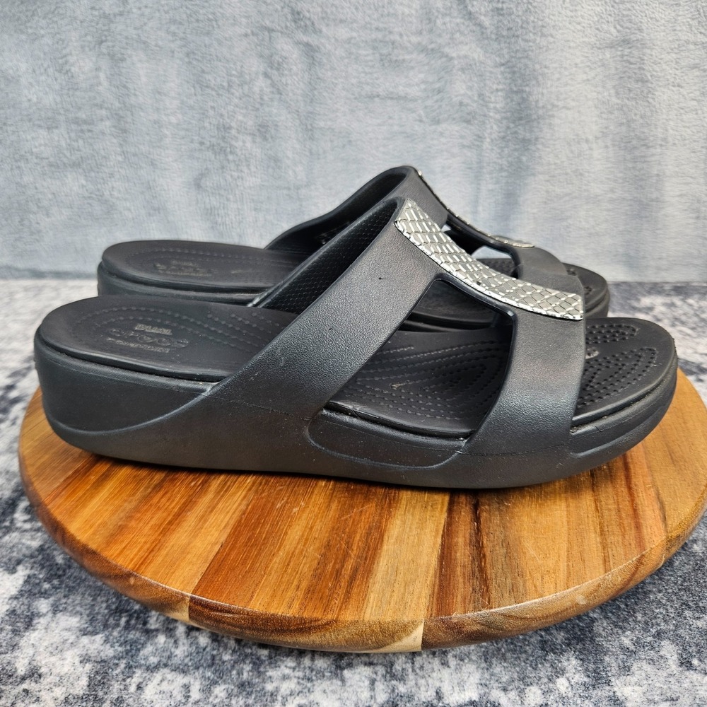 Crocs Monterey Wedge Sandal Womens 10 Black Silver Metallic Slip On Open Toe